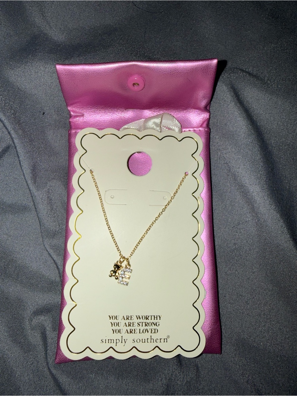 Simply Southern Gold Letter E Initial Necklace with Pink Pouch